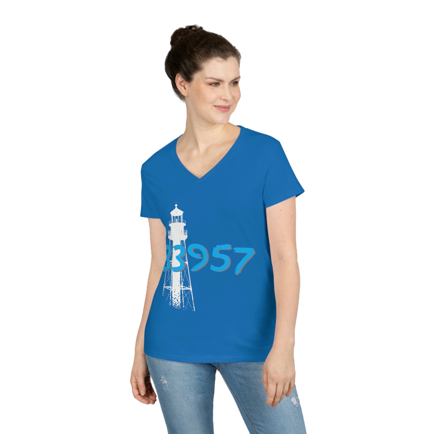 Sanibel Lighthouse 33957 Ladies' V-Neck T-Shirt + More Colors