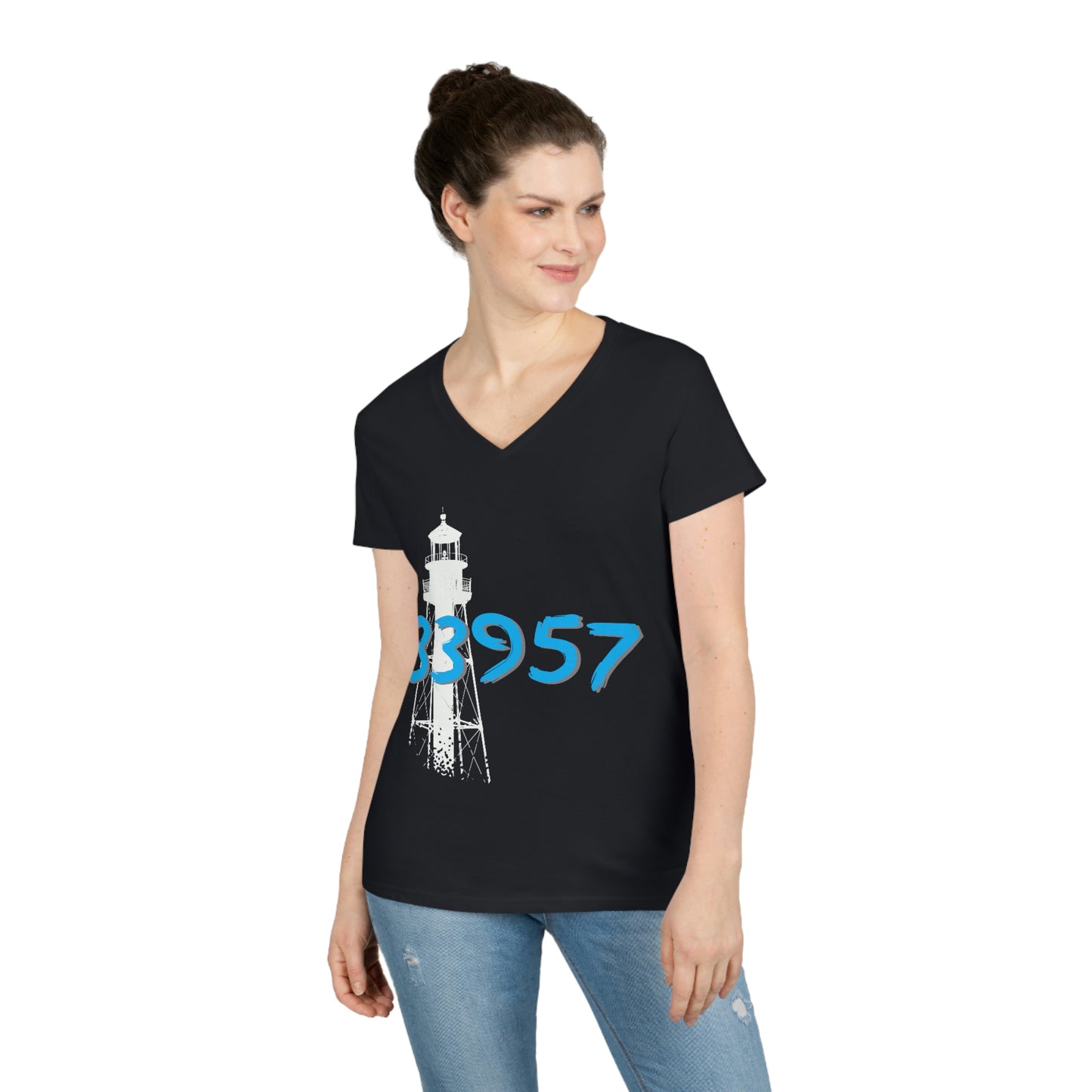 Sanibel Lighthouse 33957 Ladies' V-Neck T-Shirt + More Colors