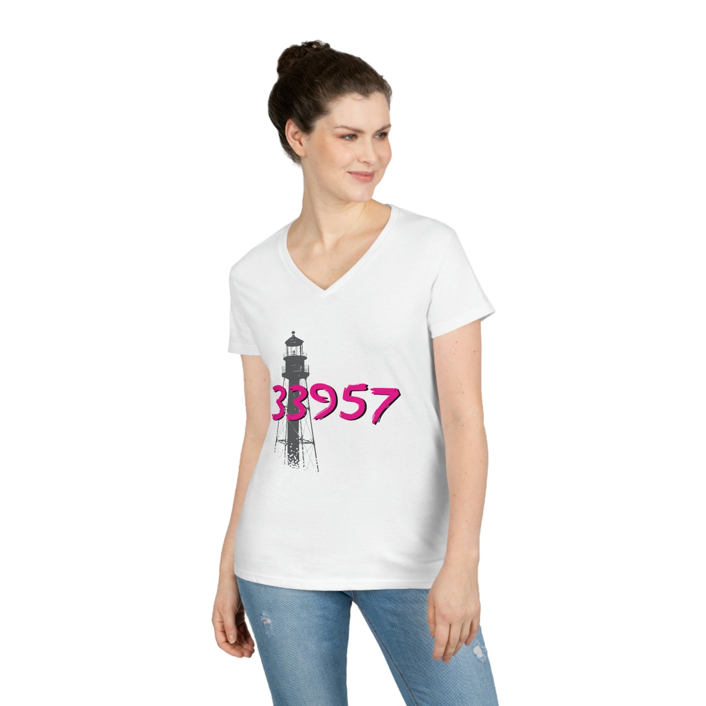 Sanibel Lighthouse 33957 Ladies' V-Neck T-Shirt + More Colors